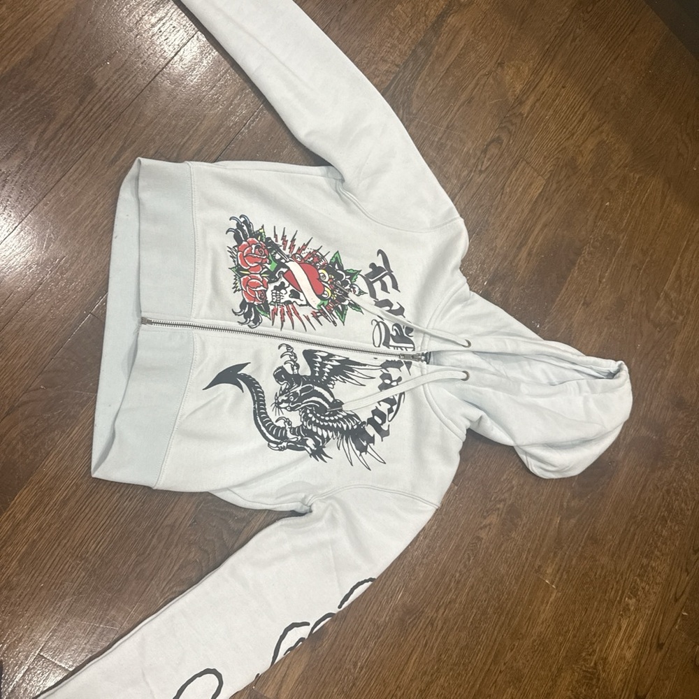 Light blue  Graphic Hoodie with Dragon and Rose Design